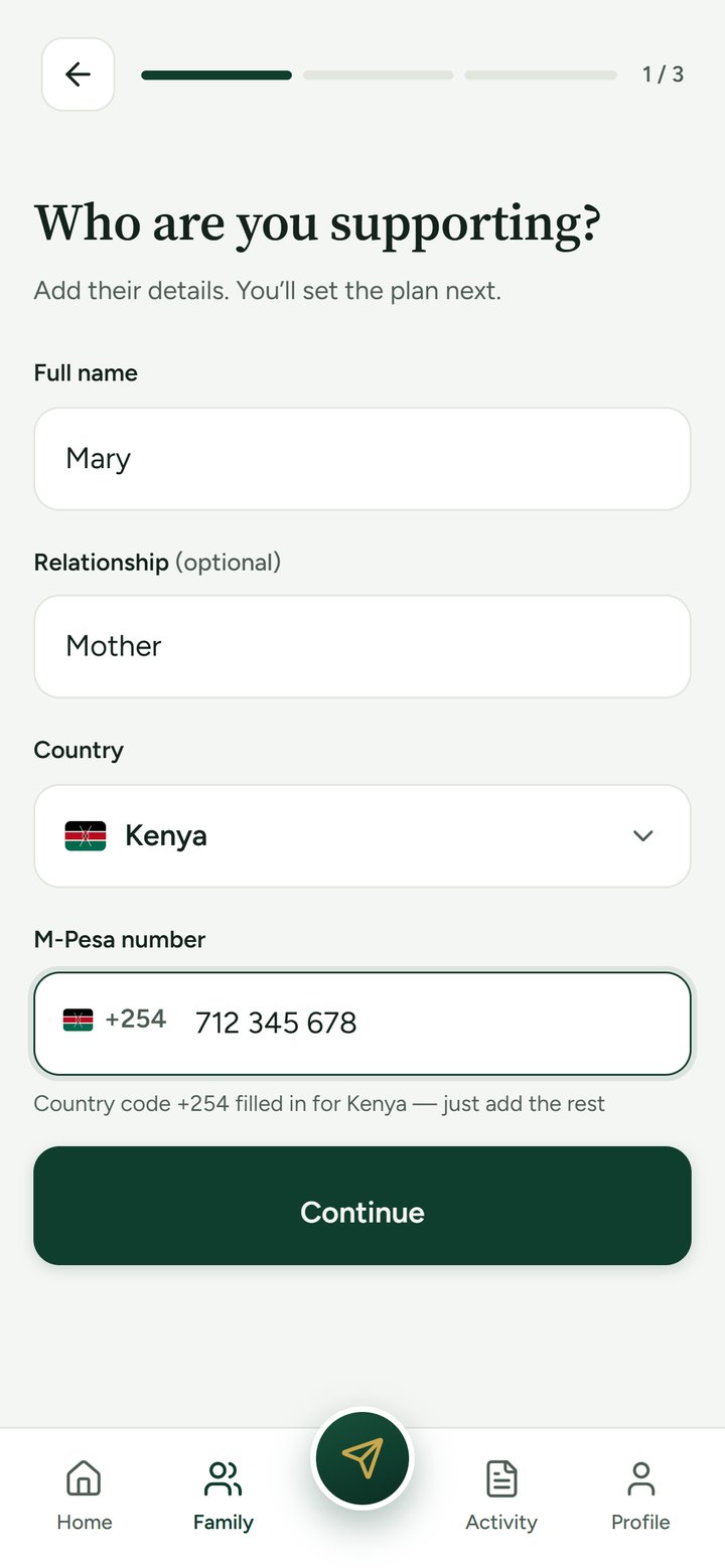 Add someone: name, relationship, country and mobile-money number