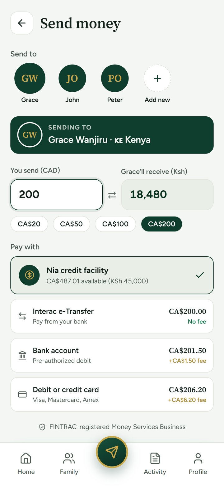 Send money: choose who, enter the amount, see what they receive, choose how to pay